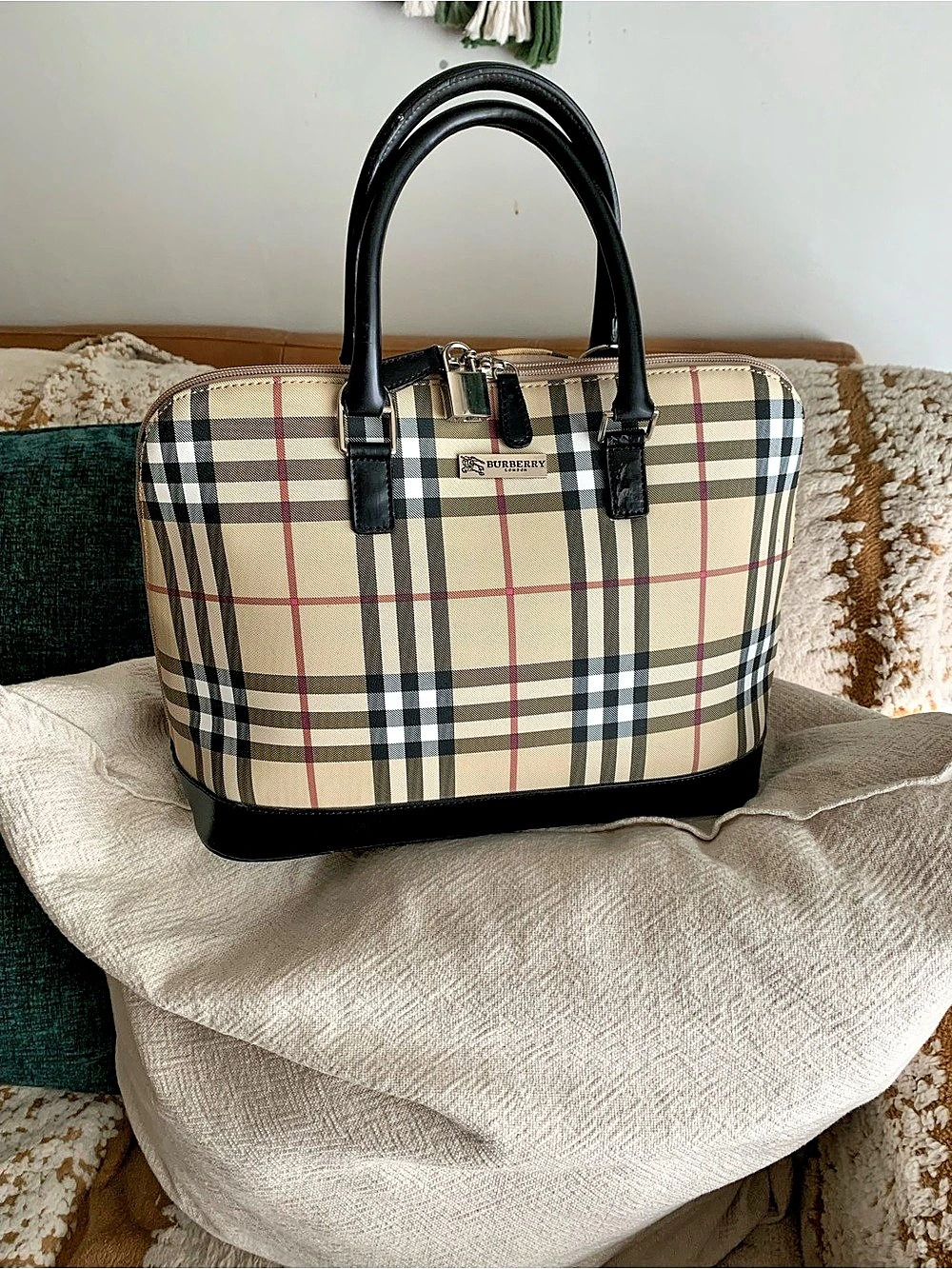 Burberry Haymarket Check Dome Satchel Plaid Satchel in Beige & Black Like New
